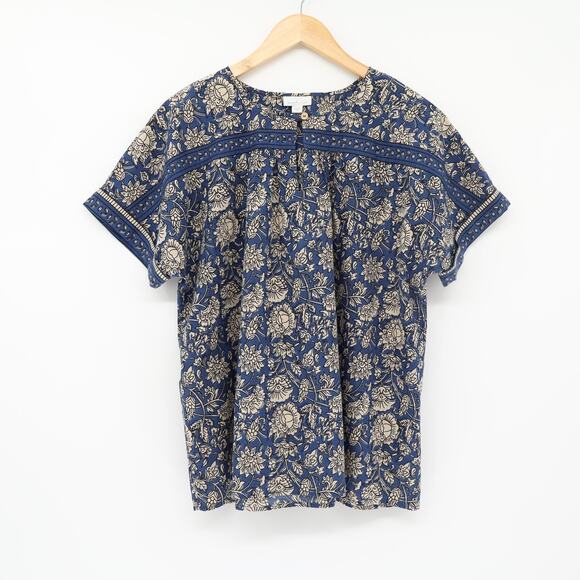 J. Jill Tops - J. Jill Women's Blue/Tan Floral Print Lightweight Button V-Neck Cotton Top Sz L
